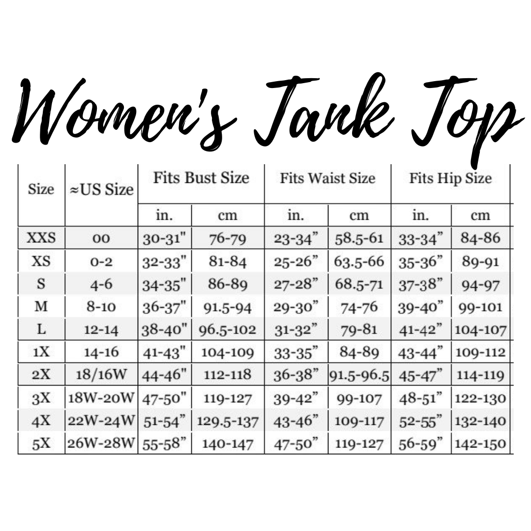 A size chart for womens tank top