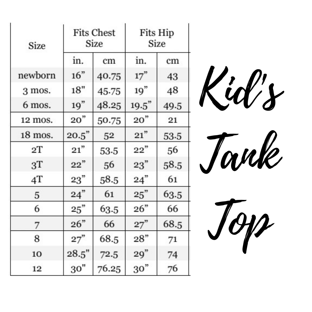 Size chart for kid's tank top